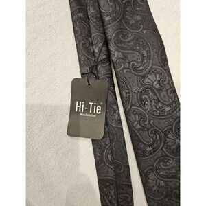 Hi Tie 100% Silk Black Gray Paisley Handmade Men's Woven Necktie Dress Tie